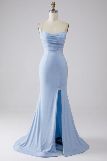 Light Blue Sparkly Mermaid Spaghetti Straps Long Ball Dress with Slit